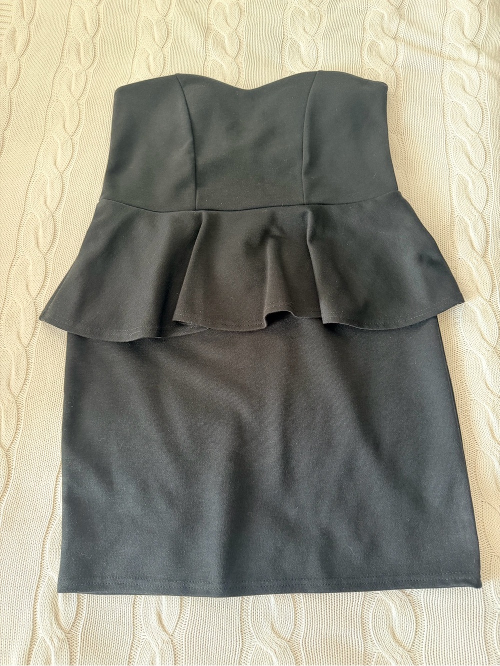 Boohoo Black Strapless Peplum Bodycon Mini Dress Size 12